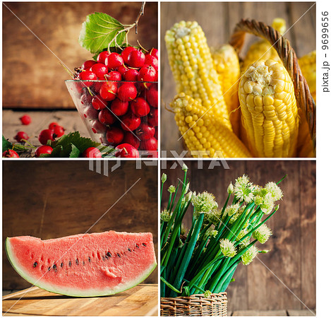 Collage. Berries and fruits, selective focus 9699656
