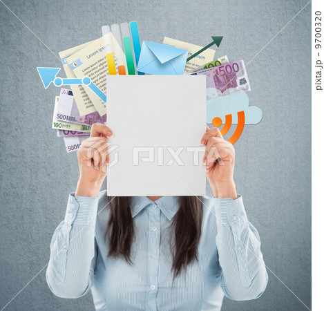 Businesswoman showing book of success. Business as concept. Copy 9700320