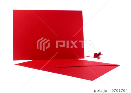 Red envelope and card with rose on white background 9701764