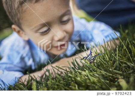 A boy lying on his elbows on the grass examining a butterfly. 9702423