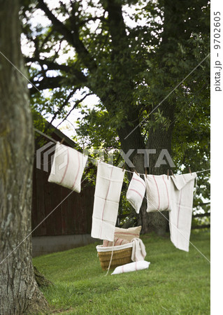 A washing line with household linens and washing hung out to dry in the fresh air. 9702605
