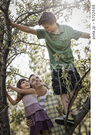 An adult with two children climbing trees. 9702688