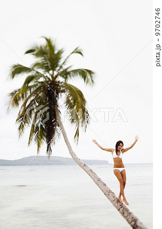 A woman balancing on a leaning palm tree in Las Galeras, Samana Peninsula, Dominican Republic. 9702746