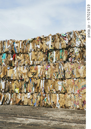 Recycling facility with bundles of cardboard sorted and tied up for recycling. 9702819