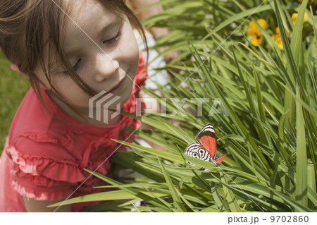 A young girl looking at a colourful butterfly in the grass. A young girl looking at a colourful butterfly in the grass. 9702860
