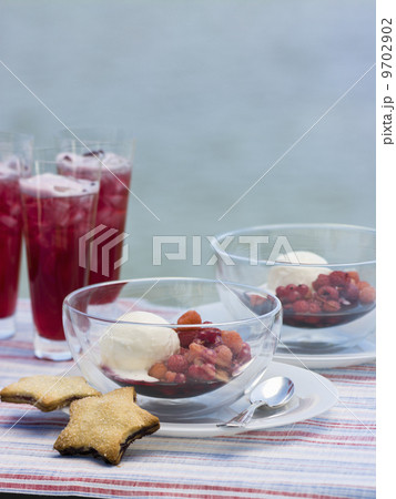 A buffet table set up in a garden for al al fresco meal. Fruit drink. Fresh berries and icecream, with baked star biscuits. 9702902