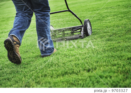 A young man mowing the grass on a property, tending the garden, using a petrol lawnmower. 9703327