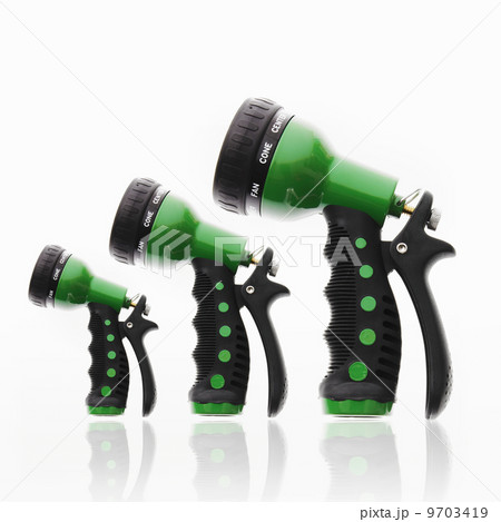 Three garden hose triggers and nozzles, in ascending size order. 9703419