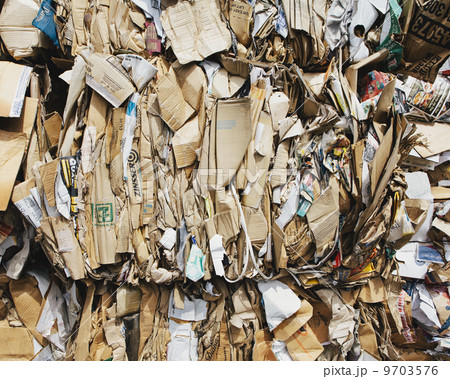 Recycling facility with bundles of cardboard sorted and tied up for recycling. 9703576