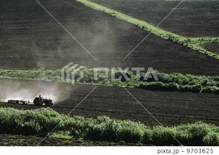 Tractors tilling soil on farm recently cleared of native vegetation, Kenya Tractors tilling soil on farm recently cleared of native vegetation, Kenya 9703625