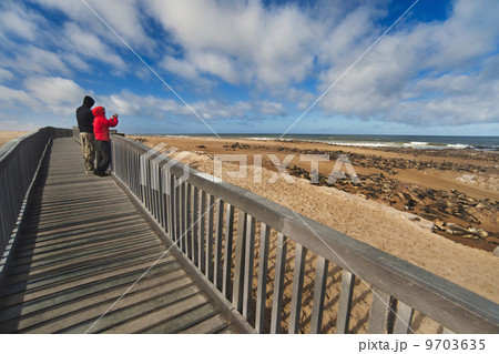 Tourists, two people on a beach walkway, Cape Cross, Namibia 9703635