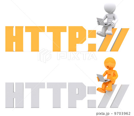 3d character sitting on HTTP sign. 9703962
