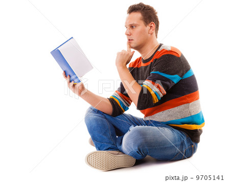 male student reading a book preparing for exam isolated 9705141