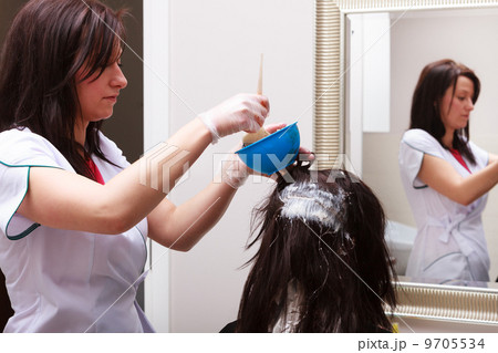 Woman dying hair in hairdressing beauty salon. Hairstyle. Woman dying hair in hairdressing beauty salon. Hairstyle. 9705534