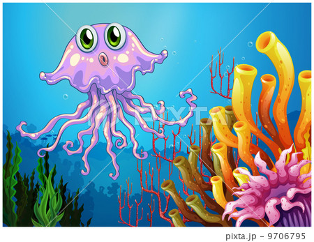 A cute jellyfish near the coral reefs A cute jellyfish near the coral reefs 9706795