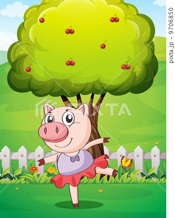 A female pig playing at the yard near the big tree A female pig playing at the yard near the big tree 9706850