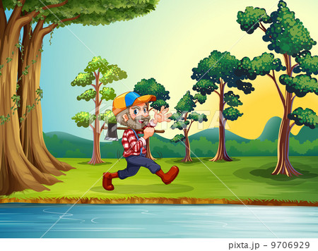A happy woodman walking at the riverbank A happy woodman walking at the riverbank 9706929
