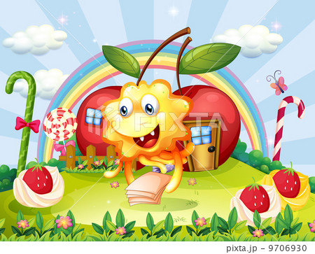 A happy monster at the hilltop with giant lollipops and apple ho 9706930