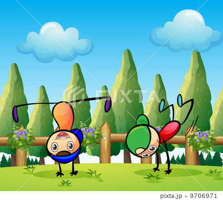 Two stickmen playing near the pine trees 9706971