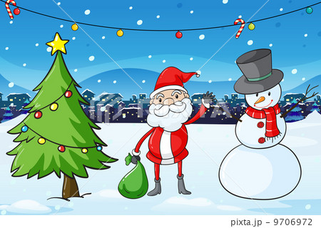 Santa Claus in the middle of the pine tree and the snowman 9706972