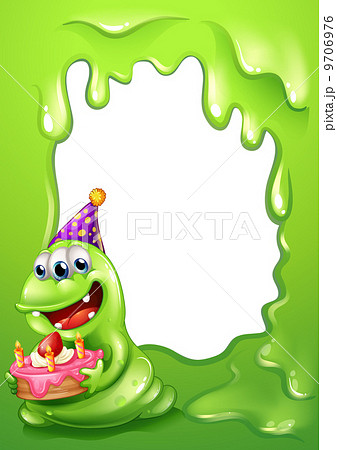 A green border design with a monster holding a cake A green border design with a monster holding a cake 9706976
