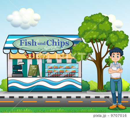A man near the fish and chips store 9707016