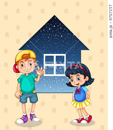 A small boy and a small girl standing in front of the small hous A small boy and a small girl standing in front of the small hous 9707257