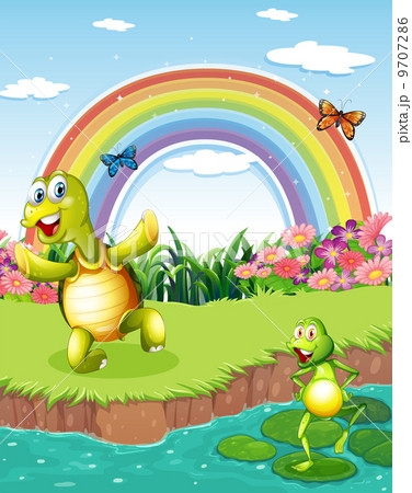 A turtle and a frog playing at the pond with a rainbow above 9707286