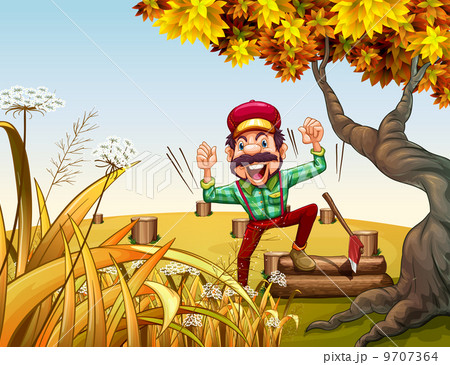 A very happy lumberjack beside the giant tree A very happy lumberjack beside the giant tree 9707364