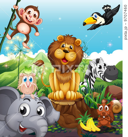 A lion above the stump surrounded with playful animals A lion above the stump surrounded with playful animals 9707460