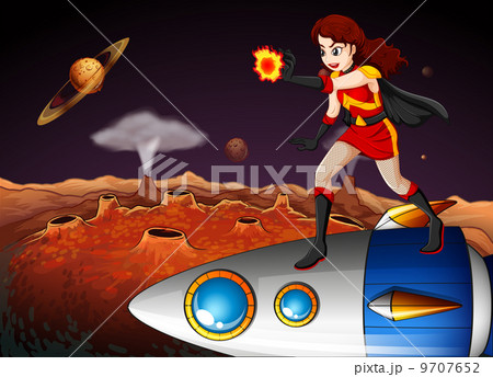 A female superhero at the galaxy standing above the spaceship 9707652