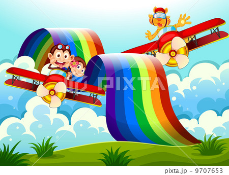 Playful animals near the rainbow above the hills 9707653