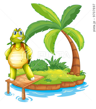 An island with a turtle standing above the wooden bridge 9707697