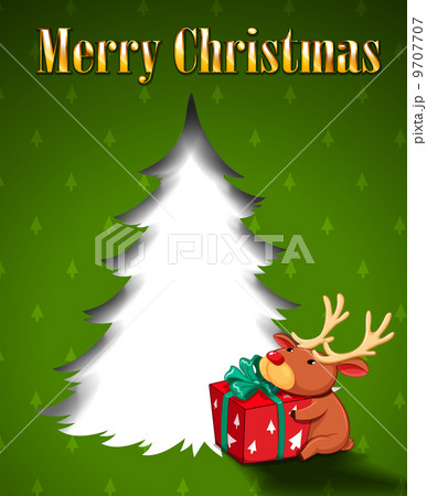 A green christmas card with a reindeer hugging a gift A green christmas card with a reindeer hugging a gift 9707707