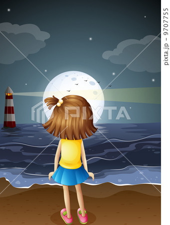 A small girl watching the fullmoon at the beach A small girl watching the fullmoon at the beach 9707755