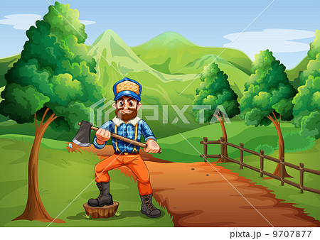 A lumberjack near the road carrying an axe A lumberjack near the road carrying an axe 9707877