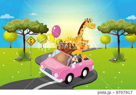 A pink car travelling with animals 9707917