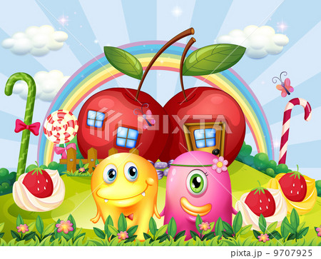 A hilltop with apple houses at the back of the couple monsters 9707925