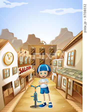 A young girl with a bicycle standing in the middle of the saloon 9708032