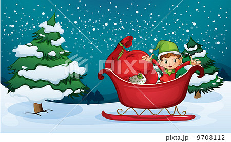 An elf riding on a sleigh with a sack of gifts An elf riding on a sleigh with a sack of gifts 9708112