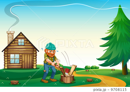 A lumberjack chopping the woods at the hilltop near the wooden h A lumberjack chopping the woods at the hilltop near the wooden h 9708115