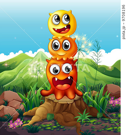 Three playful monsters above a stump 9708196