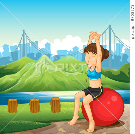 A girl exercising near the river across the mountains A girl exercising near the river across the mountains 9708275