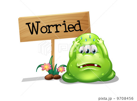 A worried monster beside the wooden signboard 9708456