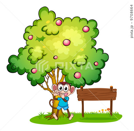 An empty signboard beside the monkey under the tree An empty signboard beside the monkey under the tree 9708664