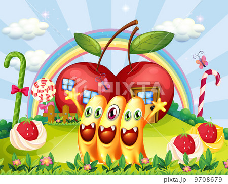 Three monsters at the hilltop near the apple houses Three monsters at the hilltop near the apple houses 9708679