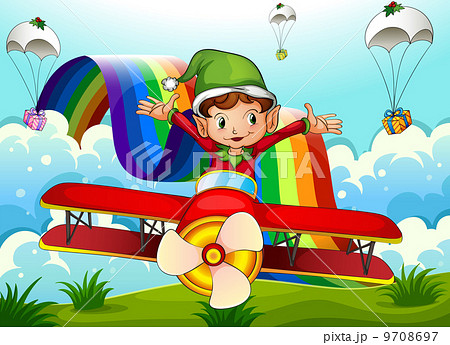 A plane with an elf and a rainbow in the sky with parachutes 9708697