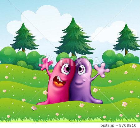 Two adorable one-eyed monsters near the pine trees 9708810