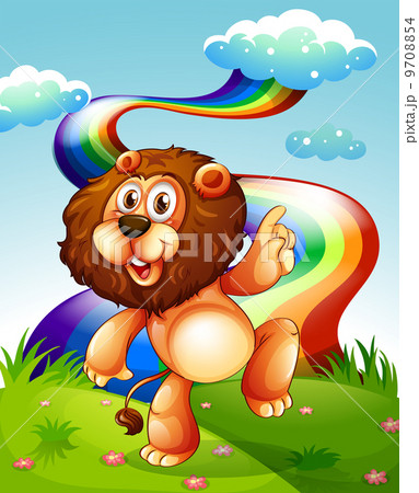 A playful lion at the hilltop and the rainbow in the sky A playful lion at the hilltop and the rainbow in the sky 9708854