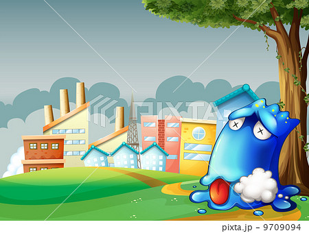 A poisoned blue monster resting under the tree across the buildi 9709094